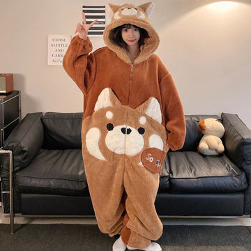 Winter Kigurumis Couple Pajamas Cartoon Dog Onesies Adult Women Men Sleepwear Hooded Zipper Coral Fleece Warm Pajamas Homewear