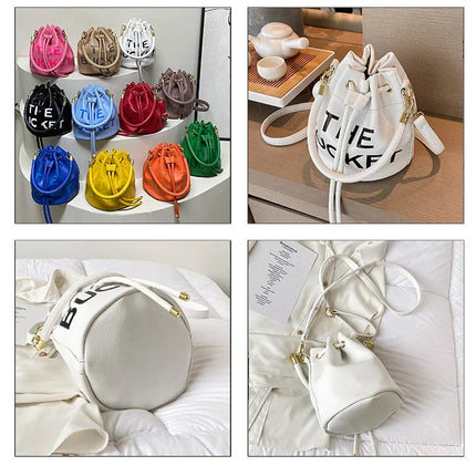 Spring New Fashion Letter PU Leather Bucket Bag Women Simple City Style Shoulder Handbag Trendy Crossbody Satchel Handbag PlatiNum