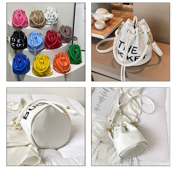 Spring New Fashion Letter PU Leather Bucket Bag Women Simple City Style Shoulder Handbag Trendy Crossbody Satchel Handbag PlatiNum