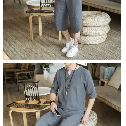 Stile giapponese Kimono T-shirt a maniche corte Pantaloni Due pezzi Top da uomo Pantaloni Abiti da uomo Giappone Harajuku Yukata Cardigan Costume