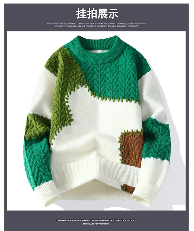 Thorn Style Spliced Knitted Sweater 2025 Fashionable High Street Autumn Winter Warm Men's Top Hip-hop Streetwear Fishing Sports