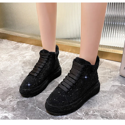 Designer Platform Sneakers Full Diamond Luxury Shoes Versatile Flat Bottom High-top Casual Skateboard Shoes Zapatos De Mujer