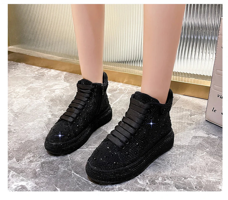 Designer Platform Sneakers Full Diamond Luxury Shoes Versatile Flat Bottom High-top Casual Skateboard Shoes Zapatos De Mujer