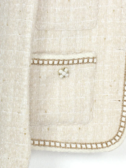 Women High Quality Long Sleeve Jacket Small Fragrance Autumn Winter Simple Fashion French Tweed Woven Office Lady Elegant Jacket