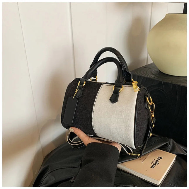 Patchwork Colorblock Mini Handbags For Women Denim Shoulder Cross Body Bags Casual Street Small Boston Bag 2025 Designer Purses PlatiNum