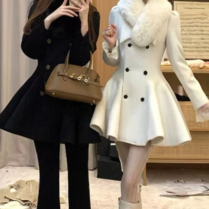 Elegant Warm Winter Fur Collar Woolen Coat Women French Style Hepburn Slim Mid-length Outwear 2025 Vintage Lolita Chic Outfits