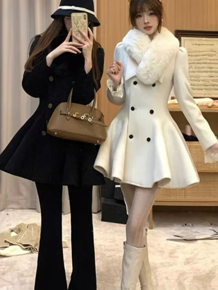 Elegant Warm Winter Fur Collar Woolen Coat Women French Style Hepburn Slim Mid-length Outwear 2025 Vintage Lolita Chic Outfits