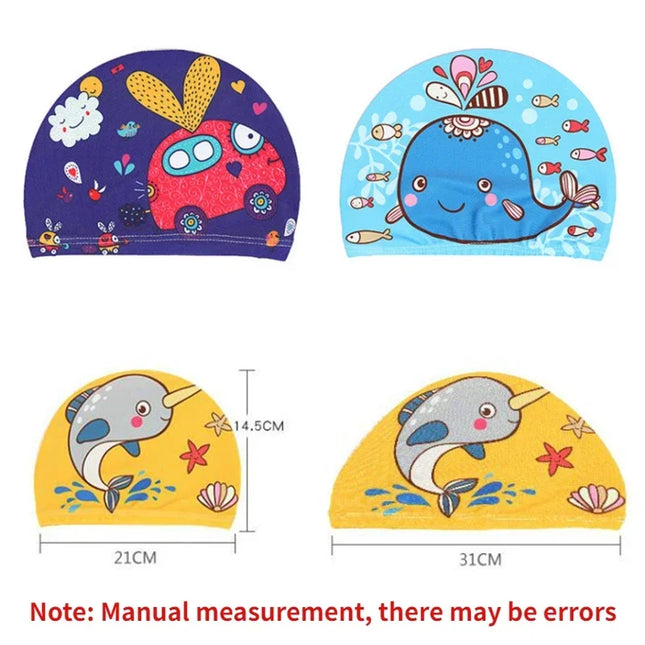 Kids Swim Cap Stretchy Fabric Cute Cartoon Long Hair Adorable Children Protect Ears Pool Hat for Boys and Girls