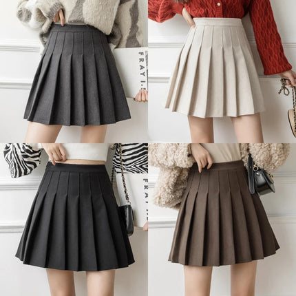 Autumn Winter Woolen Mini Pleated Skirts Women Fashion High Waist Loose A-Line Short Skirt Kawaii School Skater Falda Plisada PlatiNum