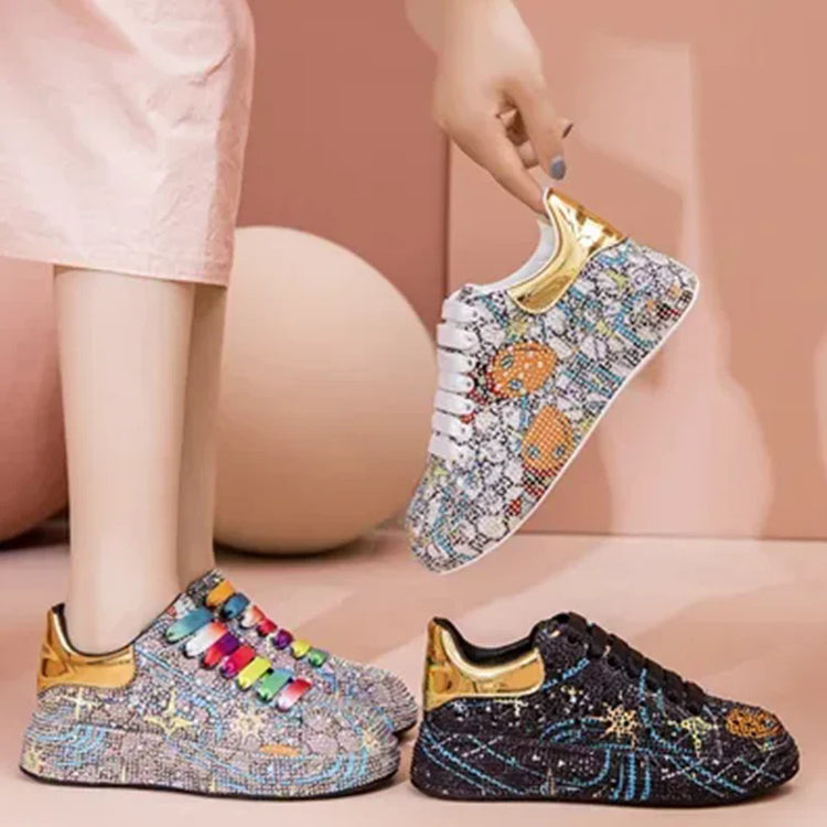 SyfIyno Spring Black Women Shoes New Style Fashion Platform Shoes Platforms Sneakers Shine Bling Graffiti Rhinestone Shoes