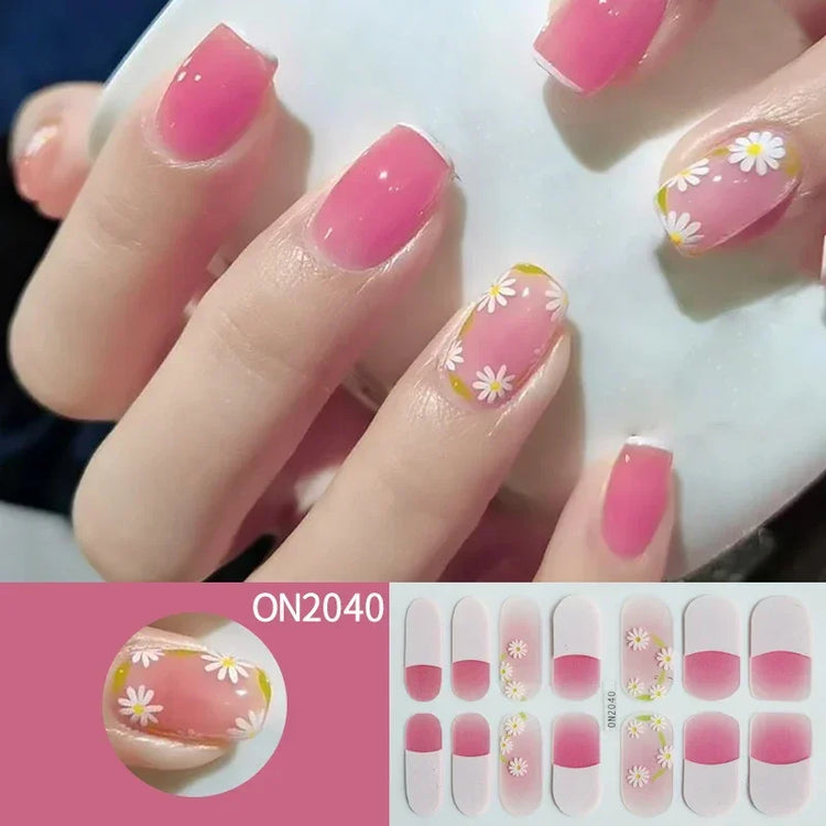 14Tips 3D Flowers Gradient Color Adhesive UV Gel Nail Stickers Fashionable Marble Pattern Nail Wraps DIY Manicure Arts Decals