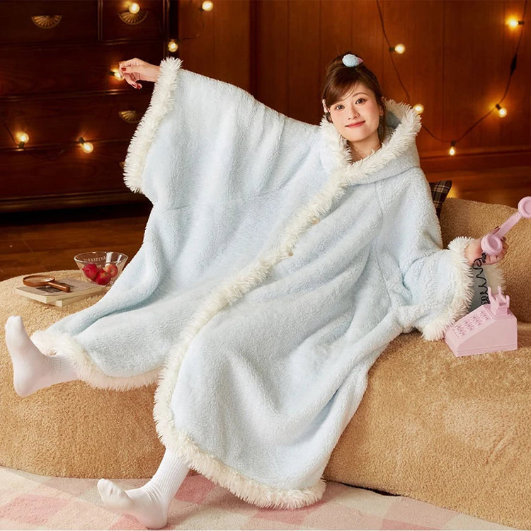 New Cute Blanket Hooded Cloak Coral Velvet Pajamas Women's Autumn Winter Thickened Robe Blanket Multifunctional Thermal Products
