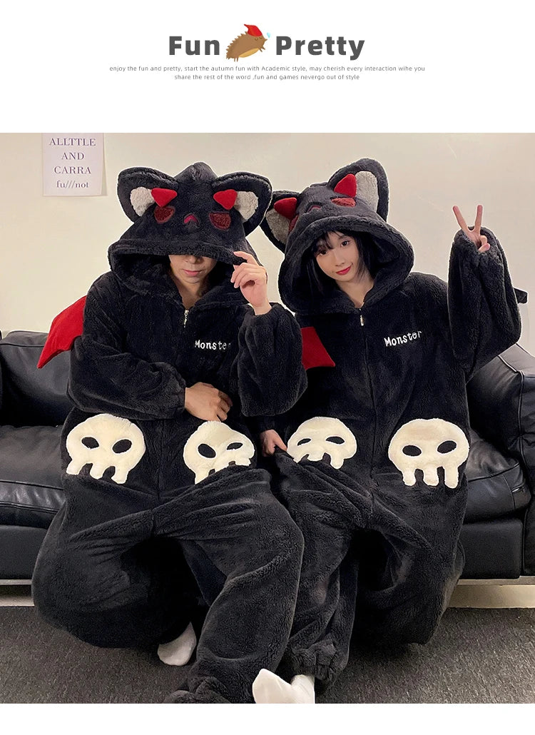 DAIMELU hooded male pajamas set men's cartoon winter thickened coral fleece flannel boy one-piece loungewear suit sleepwear