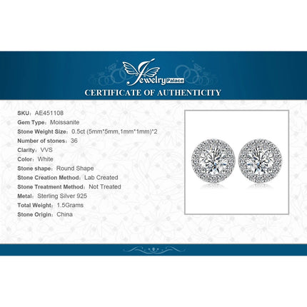 JewelryPalace Moissanite D Color Total 1ct Round 925 Sterling Silver Halo Stud Earrings for Woman Yellow Gold Rose Gold Plated PlatiNum