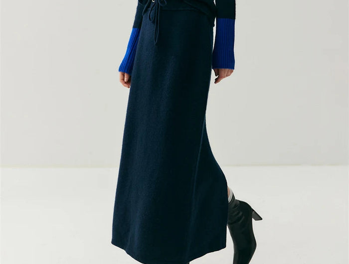 Women's Cashmere Skirts Thicken Autumn Winter Drawstring Slit Straight Long Skirt Casual 100% Cashmere Knitted High Waist Dress PlatiNum