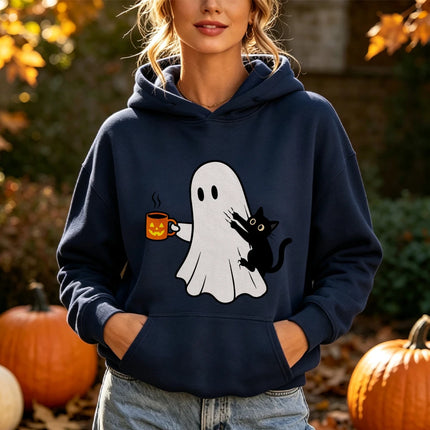 Ghost Black Cat Coffee Print Halloween Hoodie Spooky Season Graphic Pullover Women Fall Holiday Daily Wear Top Hoodies Women