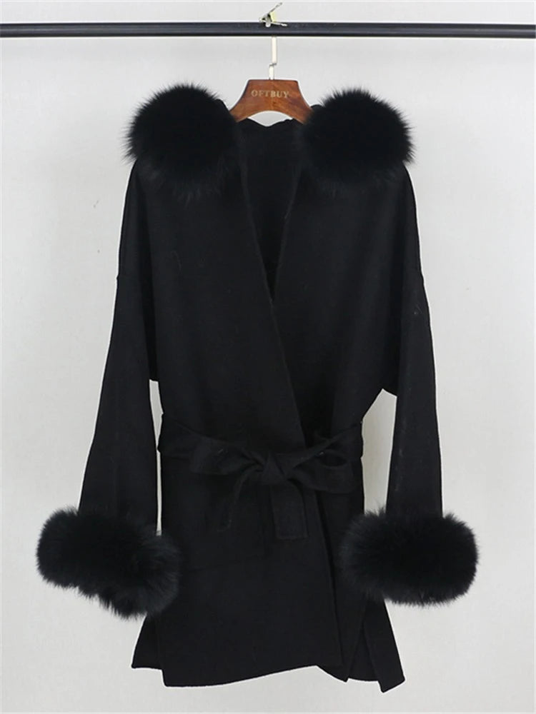 OFTBUY Omen Double Face Wool Coat Natural Fur Coat Wool Blend Jacket Winter Warm Elegant Long Sleeve Fur Cuffs Fashion Outerwear