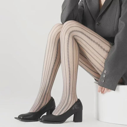 Women's Sexy Lace Fishnet Stockings Lolita Style Hollow Out Design Red Silk Socks JK High Waist Striped Tights Christmas Gifts