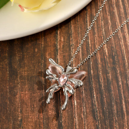 Y2K Sweet Cool Liquid Pink Butterfly Pendant Necklace Female Pink Zircon Water Drop Versatile Necklace Summer New Jewelry PlatiNum