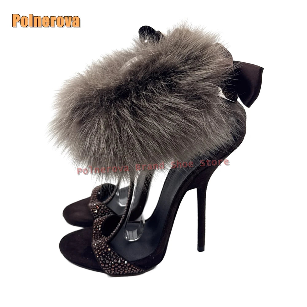 Furry Fur Rhinestone Sexy Sandals Peep Toe T-Tied Stiletto Stain Ankle Strap Spicy Girl Fashion High Heels 2025 Party Summer
