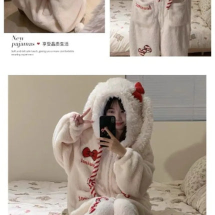 New Sweet and Cute Bow Rabbit One-piece Pajamas Women's Winter New Fleece Thickened Coral Fleece Large Size Loungewear Sleepwear
