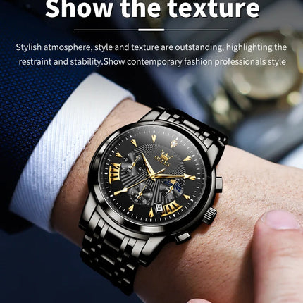 OLEVS Orologi al quarzo da uomo Orologi di marca in acciaio inossidabile Orologio sportivo impermeabile per uomo Cronografo con fasi lunari platinumshop
