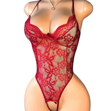 Sexy Lenceria Para Damas For Woman Body Bodysuit Perspective Lace Pajamas One Piece V-neck Crotchless Teddy Babydoll Costume