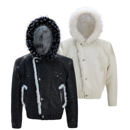 Mens Spring Jacket Pu Leather Patchwork Thickened Faux Fur Hooded Jacket Streetwear Fashion Fluffy Niche Top Men'S Clothing 2026