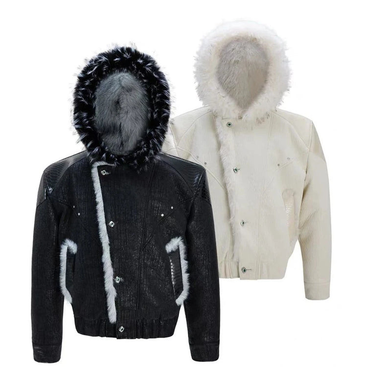 Mens Spring Jacket Pu Leather Patchwork Thickened Faux Fur Hooded Jacket Streetwear Fashion Fluffy Niche Top Men'S Clothing 2026