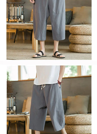 Pantaloni di lino da uomo in stile cinese Pantaloni a gamba larga da uomo con cavallo basso Pantaloni da uomo HipHop Pantaloni al polpaccio Pantaloni da pista Streetwear