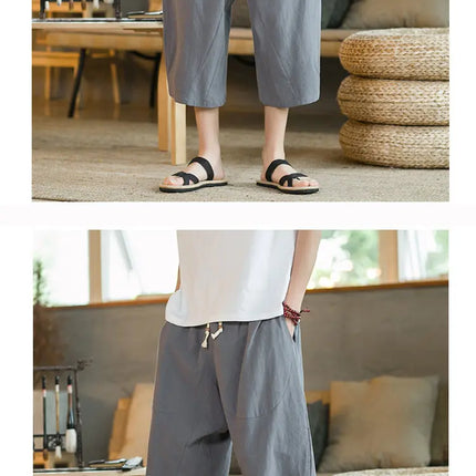 Pantaloni di lino da uomo in stile cinese Pantaloni a gamba larga da uomo con cavallo basso Pantaloni da uomo HipHop Pantaloni al polpaccio Pantaloni da pista Streetwear