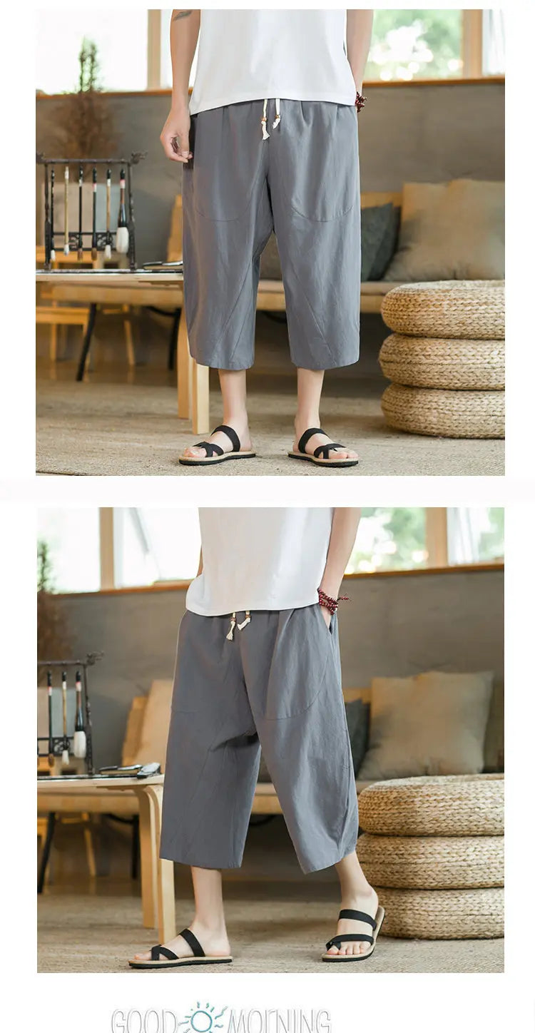 Pantaloni di lino da uomo in stile cinese Pantaloni a gamba larga da uomo con cavallo basso Pantaloni da uomo HipHop Pantaloni al polpaccio Pantaloni da pista Streetwear