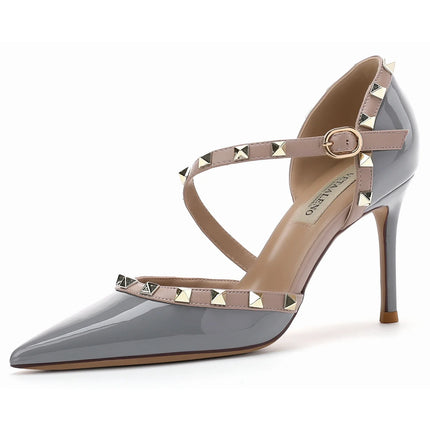 【Misurati la lunghezza dei piedi prima di ordinare】Sandalo da donna con tacco alto e sottile, con rivetti e punta a punta, scarpa elegante da festa 118-CHC-33