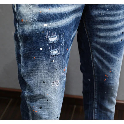 Fashion Designer Men Jeans Retro Blue Stretch Slim Fit Painted Ripped Jeans Men Korean Style Vintage Casual Denim Pants Hombre PlatiNum