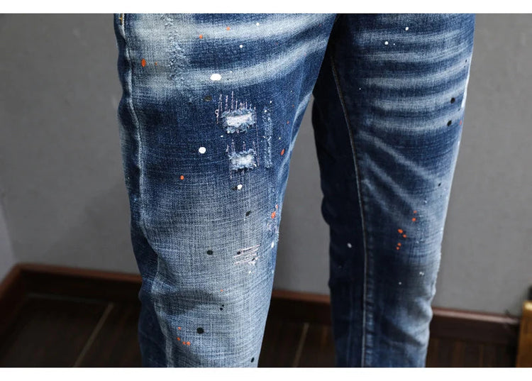 Fashion Designer Men Jeans Retro Blue Stretch Slim Fit Painted Ripped Jeans Men Korean Style Vintage Casual Denim Pants Hombre PlatiNum