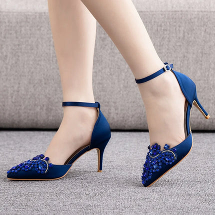 Sandali con tacco alto a punta décolleté da donna scarpe con scollo a barchetta firmate scarpe da sposa da donna scarpe da sera con tacco blu navy