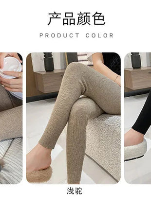 Autumn Winter Women Wool Thickening Leggings High Waist Ribbed Vertical Stripe Casual Knitted Leggings Warm Wear out Pantyhose PlatiNum