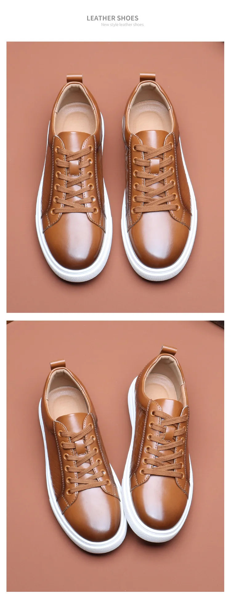 New 2024 Men Casual Leather Sneakers Lace Up Comfortable Outdoor Male Sports Casual Board Shoes Black Brown