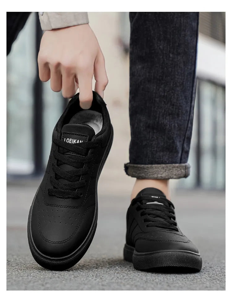 Men Classic Leather Skate Shoes Lace Up Flat Casual Sneakers Non Slip Daily Walking Footwear Black White 2 Colors
