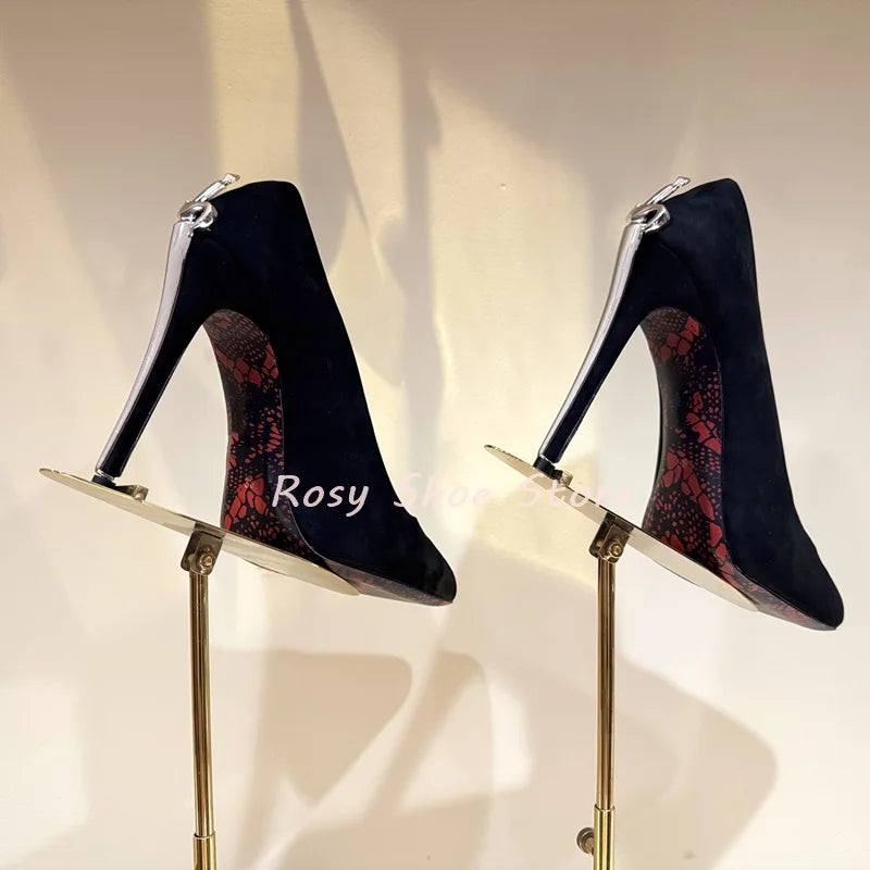 Black Suede Point Toe Strange Style Scepter-Shaped Heel Pumps Gold Silver Metal Fastener Heel Decor Pumps Nightclub Dancing Shoe