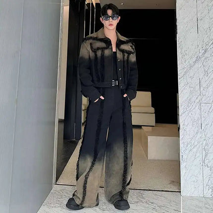 LUZHEN Denim American Sets Gradient Burr Personalized Tassel High Street Wornout Fashion Straight Jeans Retro Two Piece LZ9010 PlatiNum