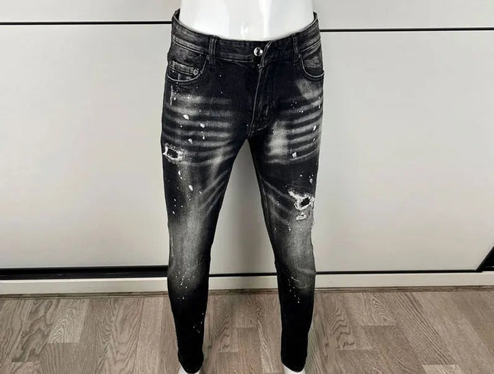 Street Designer Fashion Men Jeans High Quality Retro Black Gray Stretch Slim Fit Ripped Jeans Men Brand Vintage Y2K Denim Pants PlatiNum