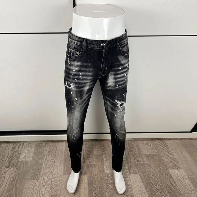 Street Designer Fashion Men Jeans High Quality Retro Black Gray Stretch Slim Fit Ripped Jeans Men Brand Vintage Y2K Denim Pants PlatiNum