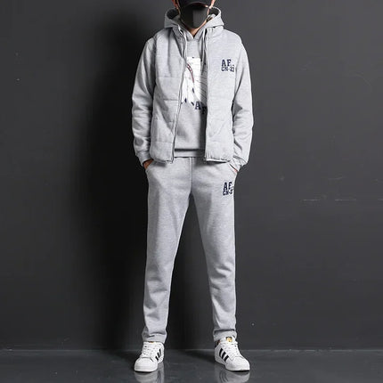 3 Pieces Set Hoodies+Vest+Pants Casual Men's Track Suit Clothing Coats Winter Thick Warm Tracksuit for Men Printed Mens Set Vest