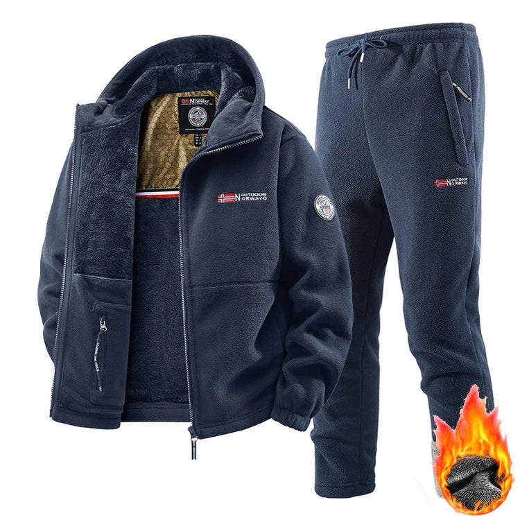 2025 New Winter Sportswear Set Mens Retro Training Thick Fleece Jacket + Pants Two Piece Set Casual Ski Running Tracksuit Suit