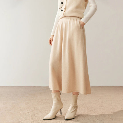 Women's 100% Pure Cashmere Knit Skirt New Elastic Waist Big Swing Skirts Fashion High-End Thick Umbrella Skirt Cashmere Dress PlatiNum