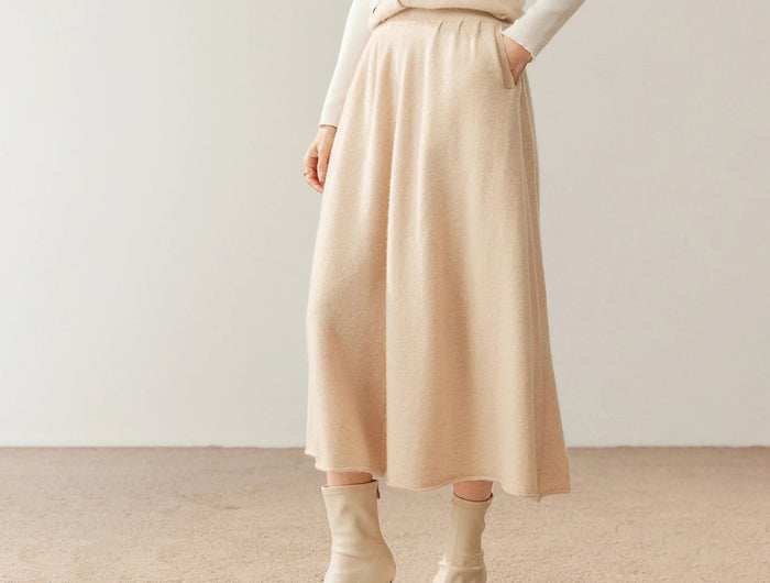 Women's 100% Pure Cashmere Knit Skirt New Elastic Waist Big Swing Skirts Fashion High-End Thick Umbrella Skirt Cashmere Dress PlatiNum