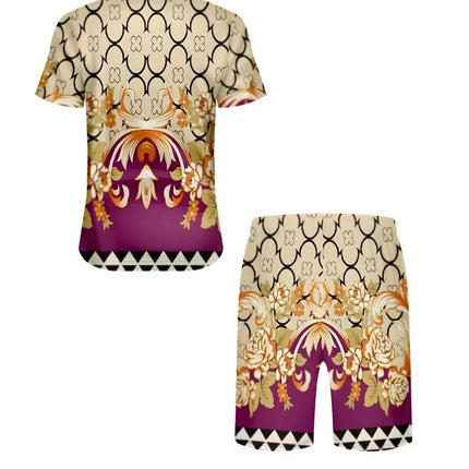 New Men's Two-Piece Suit Fashion Scottish Print Summer O-neck Short Sleeve Polo + Shorts Men's Two-Piece Set