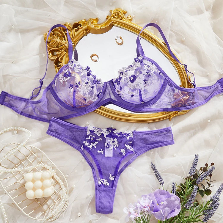 Embroidery Women's Transparent Mesh Underwear Two-piece Bra And Panties Sets
