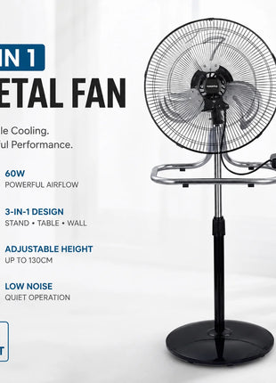 Ventilatore in metallo 50W 3 in 1 regolabile in altezza, da pavimento, tavolo e parete, fino a 130 cm, per uso domestico